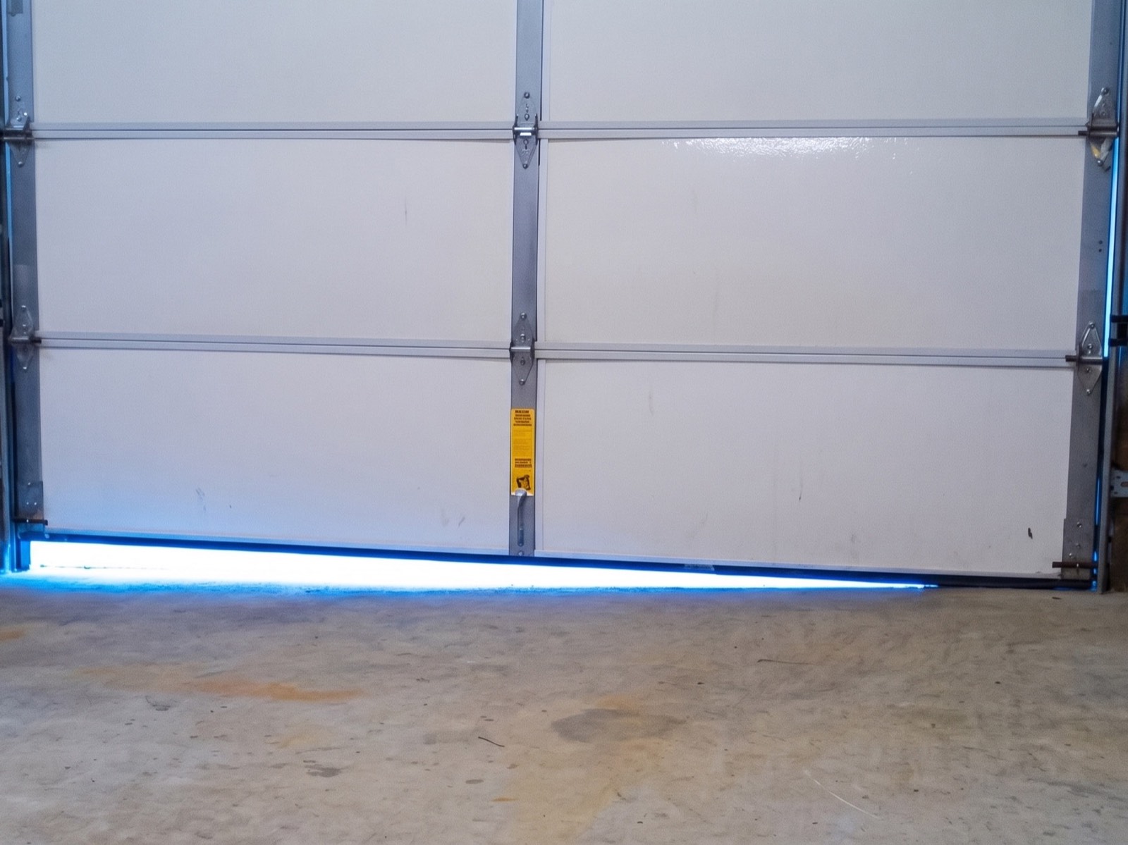 Garage door sitting crooked in the opening with daylight under one side